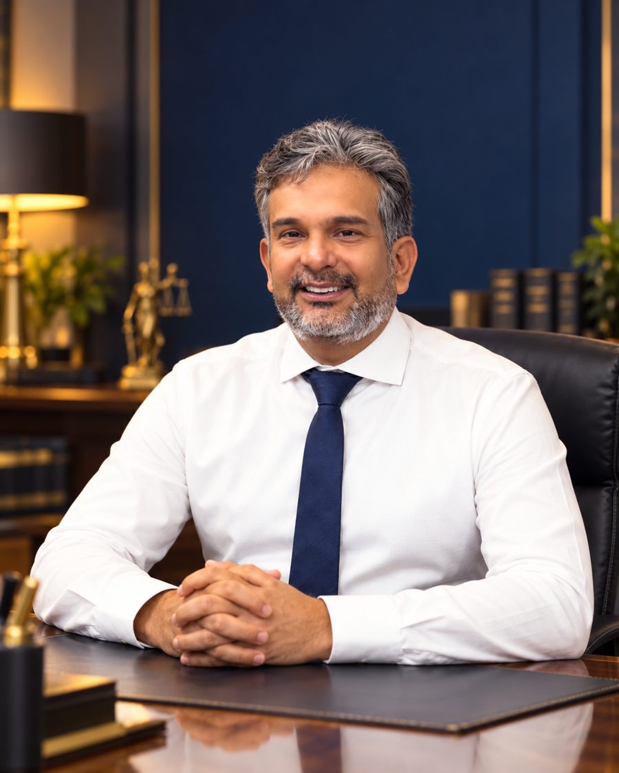 George Oliveira Reis, advogado, sentado à mesa do escritório